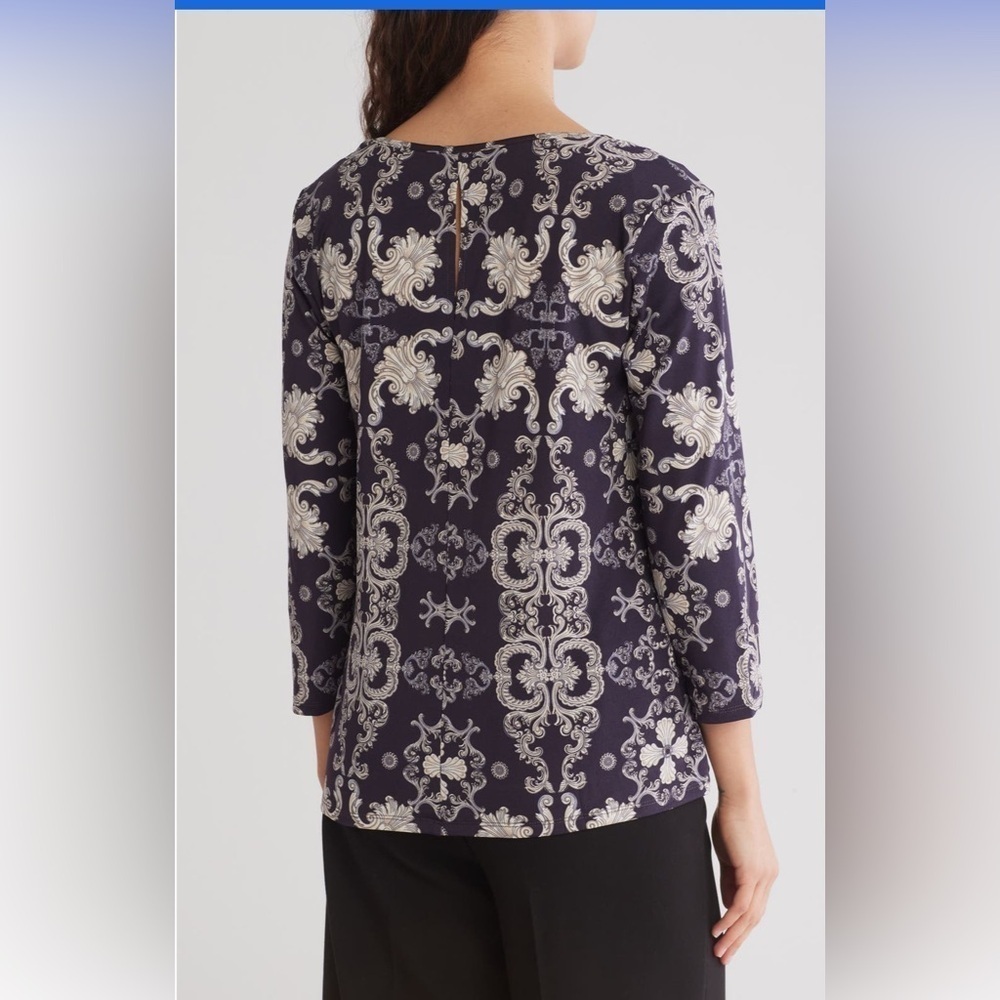 Vince Camuto Patterned Soft Navy 3/4 Length Blouse Women’s Size Small - Picture 15 of 15